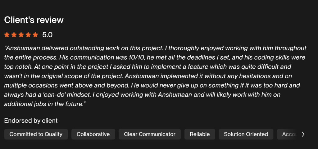 5.0 Client review: Anshumaan delivered outstanding work...